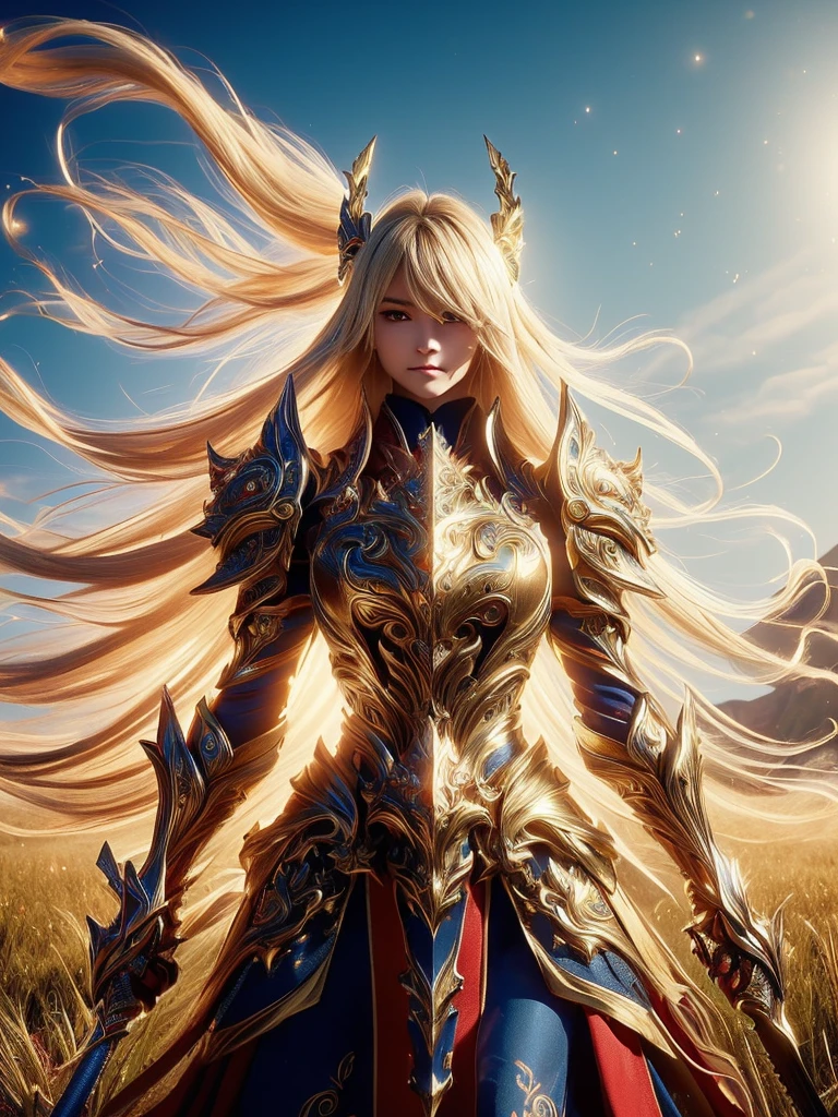 A fierce female warrior with flowing blonde hair, her face filled with determination and intensity. She raises her golden sword, pointing it forward, as if commanding her troops or challenging the enemy. Her intricately detailed golden armor and shield gleam in the bright sunlight, with complex and ornate designs that catch the light. The wind gently sweeps through the vast grassy field, causing the tall grass to sway. In the distance, a massive castle stands as a silent witness to the battle that is about to unfold. The sky is clear and blue, adding a sense of calm before the impending storm of war, while her focused eyes blaze with courage and a readiness for the fight.