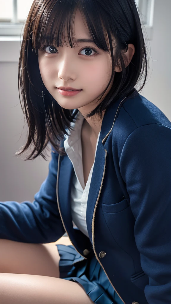 ((masterpiece,  best quality,   High Resolution  )),   Japanese high school girl 、(Realistic: 1.4), smile、Pointed Mouth、Closed Mouth、Great face,Glossy wet lips、Age 15、Short Bob、(Beautiful Hair:1.5),  school uniform、( navy blue blazer 、 navy blue jacket)、(Very short pleated mini skirt)、 cleavage、(No underwear)、Beautiful body、Beautiful ass、 Beautiful thighs、Beautiful legs、Sitting on bed in bedroom、 look up with the naked eye 、 stare、 front angle where you reach your hands narrowly、 highly detailed CG synthetic 8K wallpaper ,   High Resolution  のRAWカラー写真,   professional photography, Light, BackLight, Dreamy, Impressive,    Depth of Written Boundary  , (  upper body close-up  :1.5)