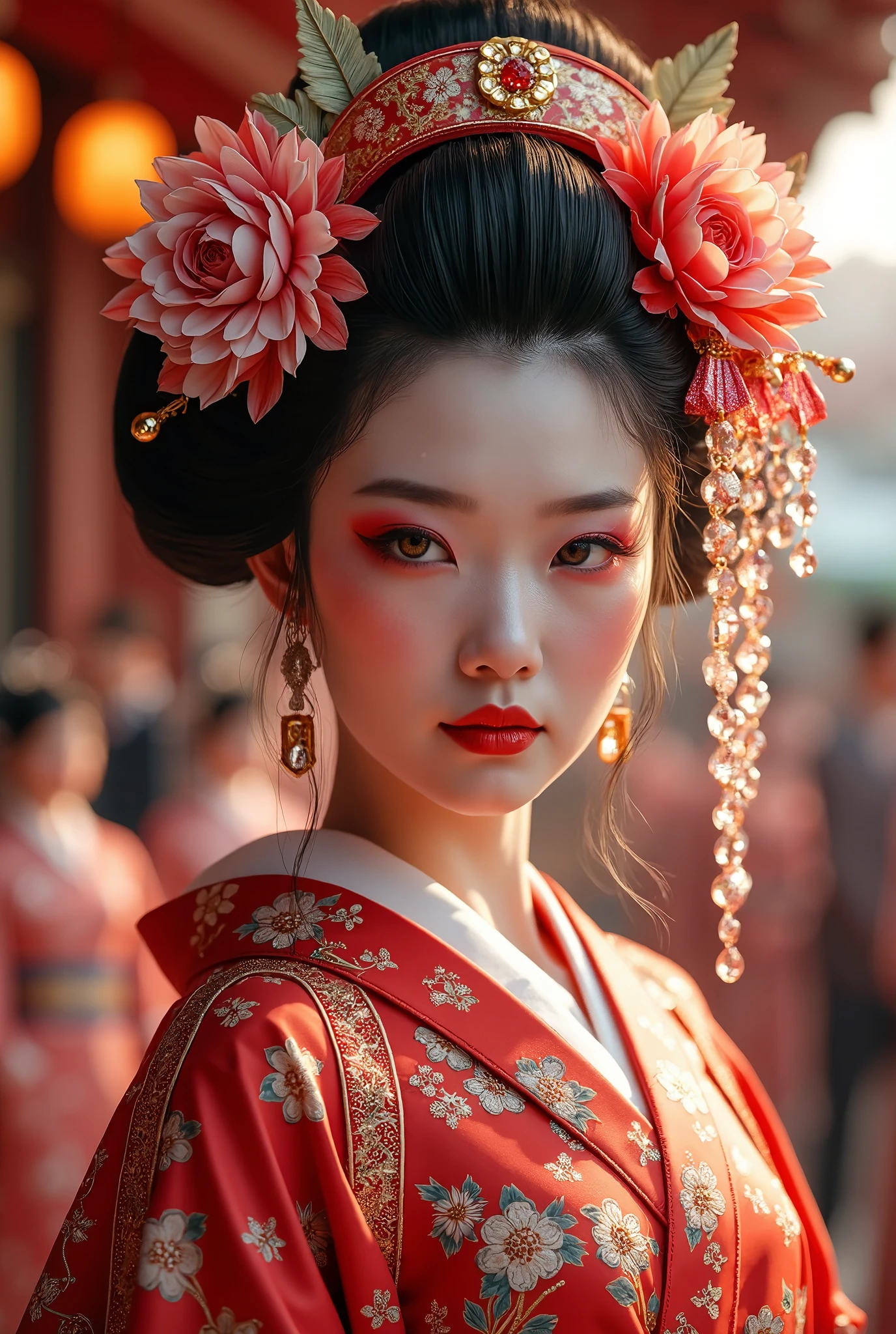 anime、 Fashion Show、Kabuki Stage、Beautiful Flower Girl 、花魁の Fashion Show、 Glittering Light and Costume ,Hanakai's red eyeliner is characteristic, flower opening makeup 