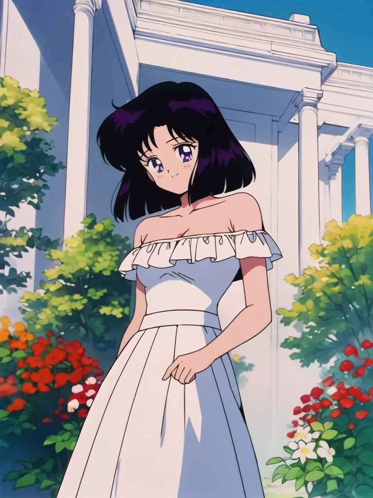 (retro anime girl:1.2), (white dress:1.1), (masterpiece:1.2), (best quality), (ultra detailed), (8k,4k), (half body:1.2), (cowboy:1.2), (highly detailed:1.2), (Ruffle Off-the-shoulder top:1.4), (Maxi skirt:1.4), Hotaru Tomoe, 1 girl, solo, Best quality, masterpiece, High Definition, Teenager, Purple Eyes, Beautiful Detail Eyes, Black Bob Hair, Short black Hair, Smile, Blushing, Bare Neck, Bare Arms, Bare Shoulders, short sleeve, Strapless, White Ruffle Off-the-Shoulder Top, White Off-the-shoulder Dress, White maxi dress, standing at the forest with two columns near the mansion, red flowers bushes, white roses, blue skies, headshot portrait, looking at viewers
