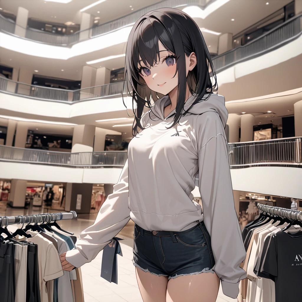 (1) A woman in a lingerie store, Rolls up her skirt and shows her black transparent panties to her boyfriend. It says "Roll up her skirt. Do it!
(2) She is wearing a white sleeveless knit and a black long skirt.
(3) she has long black hair.
(4) she has a provocative personality, a smiling expression on her face.
(5) She is 29 years old and looks mature..