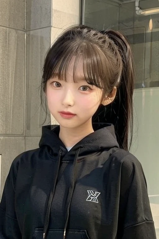 Japanese college girl wearing a black hoodie