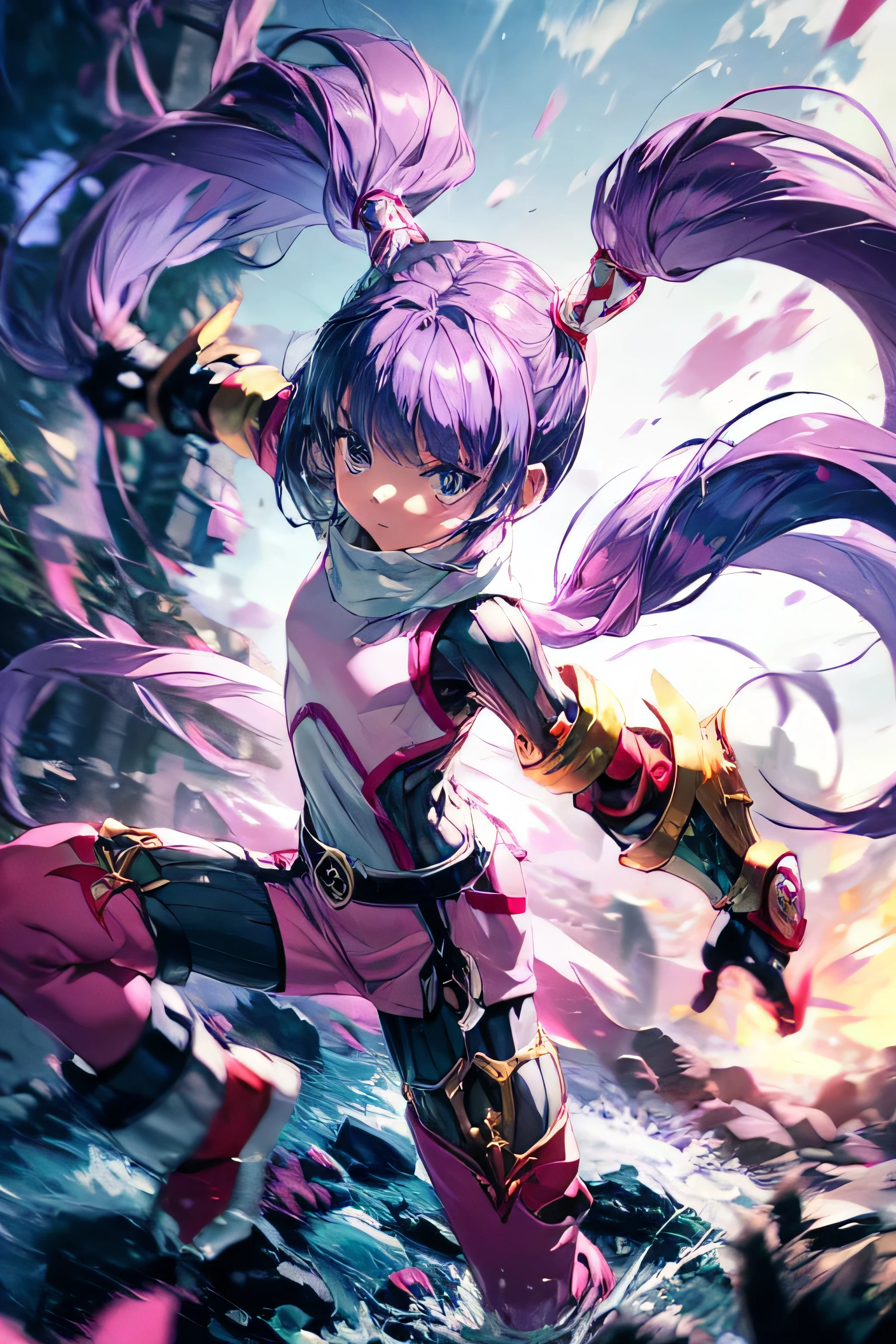  1 girl,  girl, Alone, Sophie_Tales of,  Purple Hair, long twintails,  flat chest,  pink bodysuit,  outdoor , Medieval,  dynamic poses, Combat Stance, oversized mechanical gauntlet,