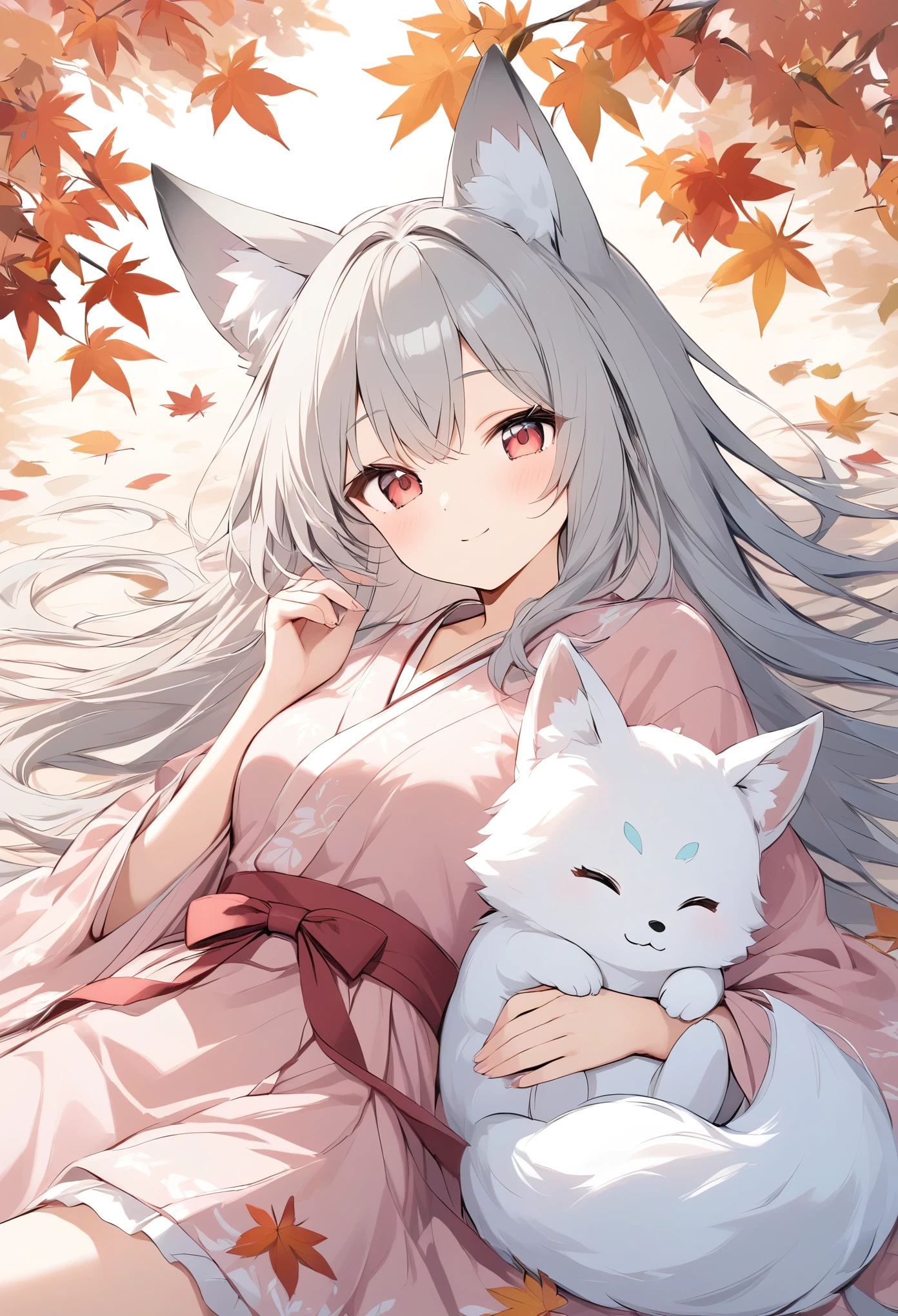 Light line drawing、Light color,White fox girl 、Gray Hair、 Sleek long hair 、Fox Ears、  Fox's Fluffy Tail  、Ruby Eyes、Slanted Eyes、cute、  gorgeous white and pink kimono 、Autumn leaves mountain、 girl lying on fallen leaves