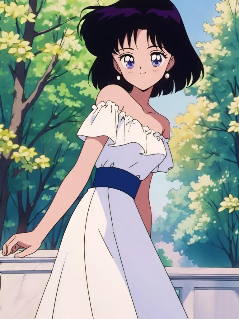 (retro anime girl:1.2), (white dress:1.1), (masterpiece:1.2), (best quality), (ultra detailed), (8k,4k), (cowboy:1.2), (headshot:1.2), (highly detailed:1.2), (Ruffle Off-the-shoulder top:1.4), (Maxi skirt:1.4), Hotaru Tomoe, 1 girl, solo, Best quality, masterpiece, High Definition, Teenager, Purple Eyes, Beautiful Detail Eyes, Black Bob Hair, Short black Hair, Smile, Blushing, Bare Neck, Bare Arms, Bare Shoulders, short sleeve, Strapless, White Ruffle Off-the-Shoulder Top, White Off-the-shoulder Dress, White maxi dress, standing at the forest with two columns near the mansion, red flowers bushes, white roses, blue skies, headshot portrait, looking at viewers