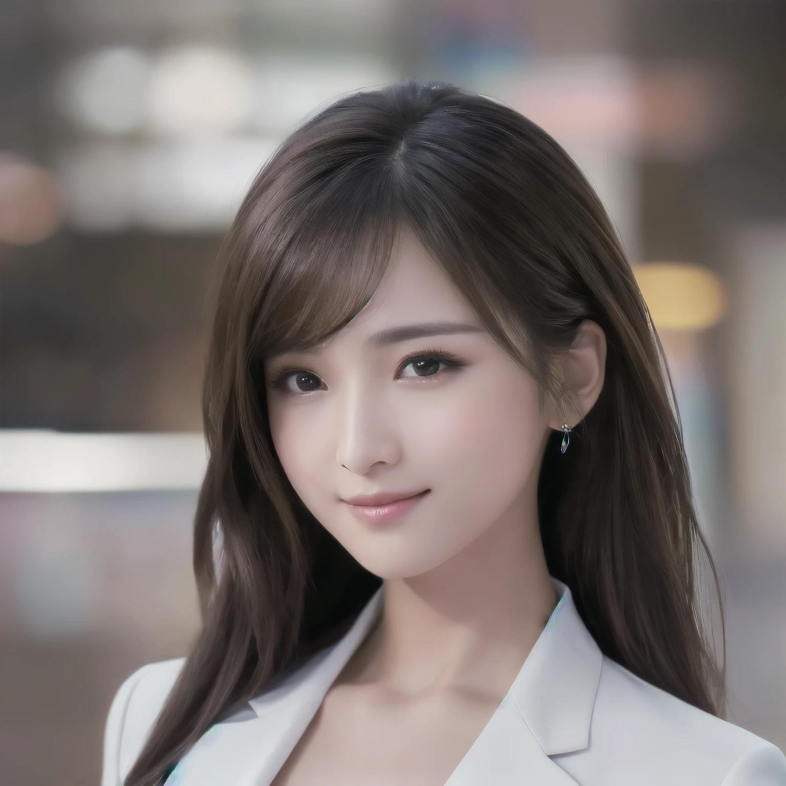 highest quality、genuine、Super detailed、finely、High resolution、8k wallpaper、one beautiful woman、、、light brown disheveled hair、wearing a business suit、sharp focus、perfect dynamic composition、beautiful and detailed eyes、thin hair、detailed genuine skin texture、smile、close-up portrait、model body shape