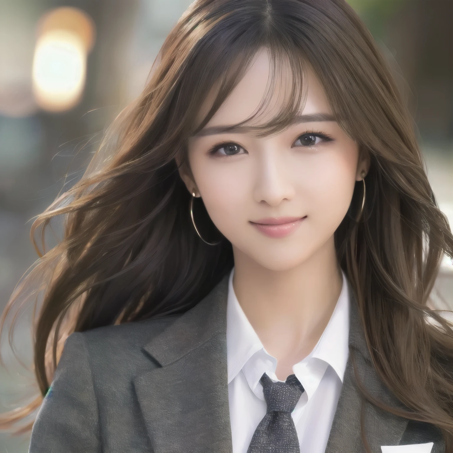 highest quality、genuine、Super detailed、finely、High resolution、8k wallpaper、one beautiful woman、、、light brown disheveled hair、wearing a business suit、sharp focus、perfect dynamic composition、beautiful and detailed eyes、thin hair、detailed genuine skin texture、smile、close-up portrait、model body shape