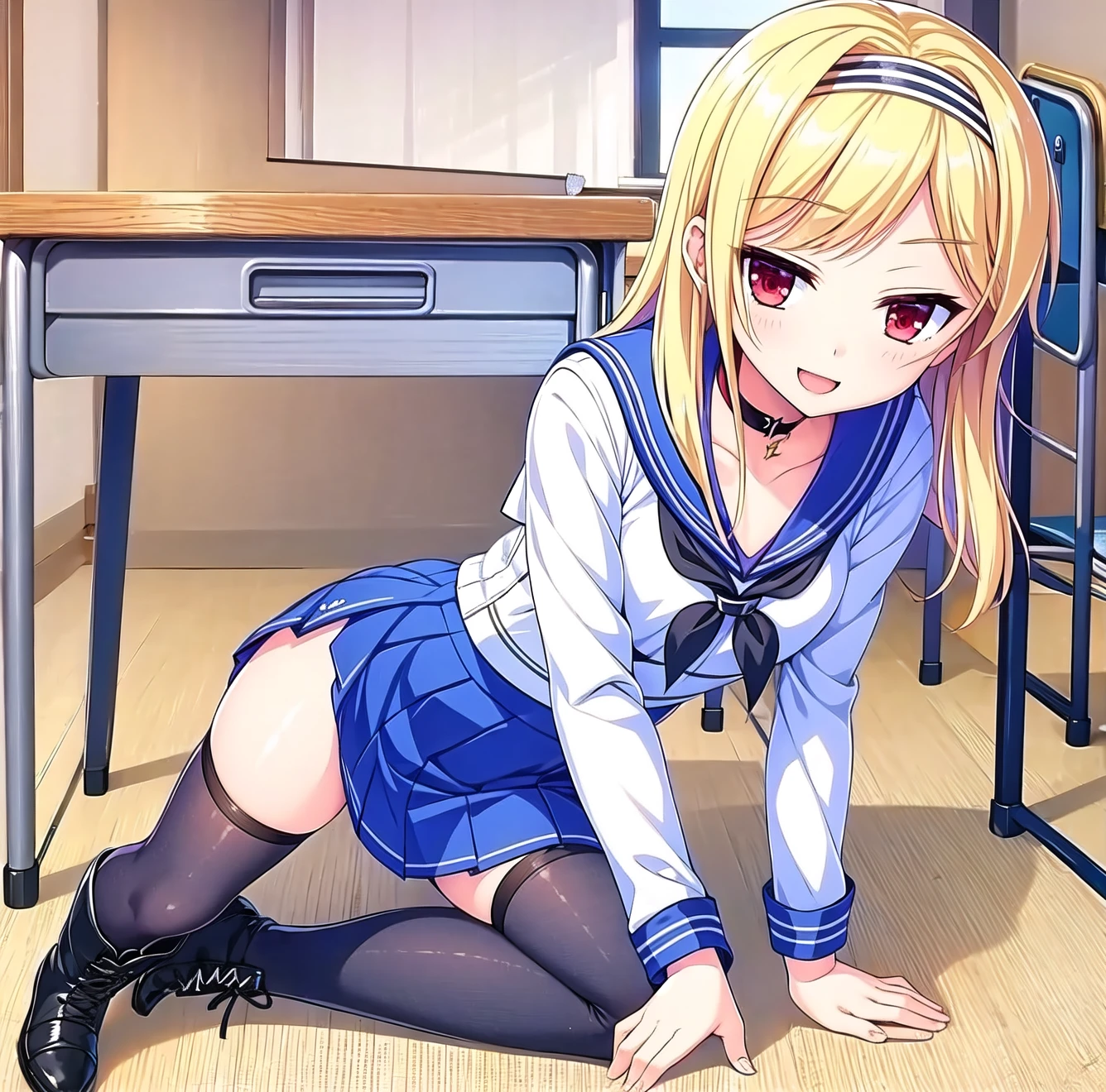 photorealism、highest quality、超A high resolution、NSFW、Japanese high school girl、18-year-old、girl in uniform sitting on bed、low angle shot:1.5、M-shaped spread legs:1.4、she spread her legs wide open:1.5、Sit with your knees bent and your legs spread apart.、((show panties:1.5))、sexy looking at camera、((blonde))、((pink silk panties))、panties close up:1.4、light blue shirt、Dark blue tartan plaid pleated skirt、dark blue socks、cute and beautiful face details、(Pueros face_V1:0.008)、brown eyes、eyeliner、blush、embarrassing、glare、 glossy lips: 1.4,  impatience、It was scary、glare、panty appeal、panties close up:1.3、blush、はAre crying、Are crying、open your knees、open your legs、disheveled clothes、Dorecinedium long hair,in the bedroom、anatomically accurate human body、perfect arms、perfect hands、perfect hands指、perfect legs、Accurate human body Nsfw nsfw nsfw nsfw nsfw、(Cat ear)、big breasts、Bob Cut Blonde Hair