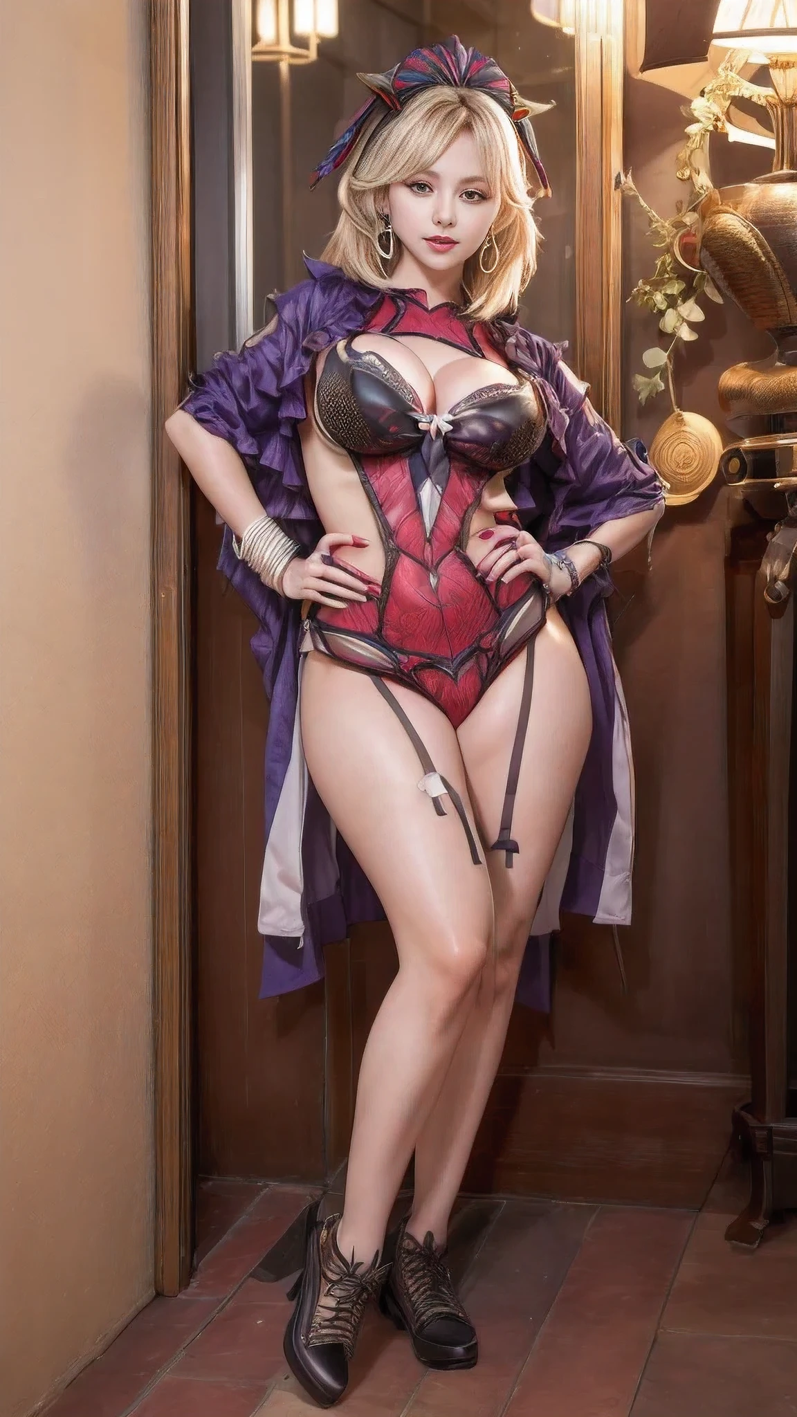 Masterpiece Top Quality High Resolution,, Glorious blonde, blading, earrings, Jewelry , HAIR ACCESSORIES, bracelet, (Sunburn), (Compensate), Polished nails, Long nails, Saggy breasts, Huge breasts, Dress shirt, Latex shorts, bra peek, Floral Dark Skin 🤩, place your hands on your hips
