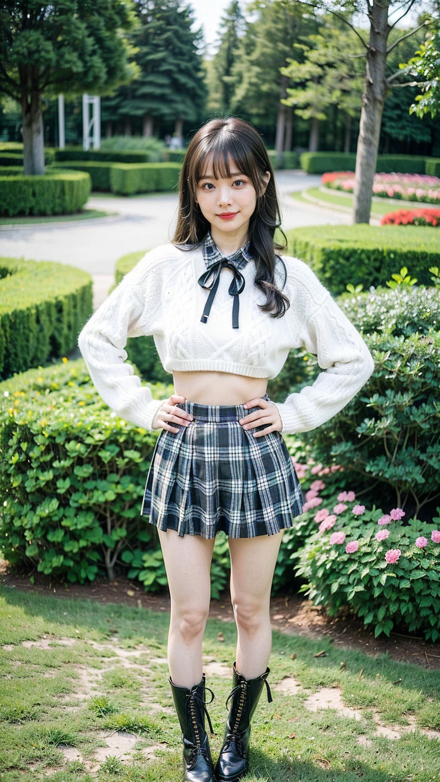 (8k、RAW Photos、 best quality、masterpiece:1.2)、(Realistic、Realistic)、1 person、((boots、ribbon、Large Breasts、Knitted sweater、Breast enlargement、 black plaid miniskirt、Thin legs、whole body、smile、garden、 stand with their hands on their hips ))、cute