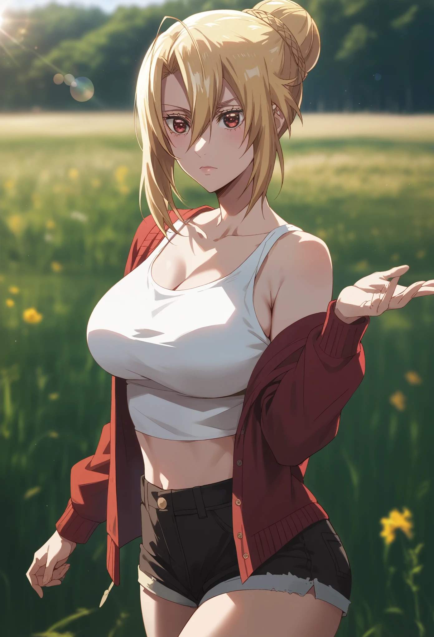 score_9, score_8_up, score_7_up, score_6_up, uncensored, angelica, blonde hair, braid, hair bun, red eyes, BREAK (masterpiece:1.2), best quality, high resolution, (beautiful detailed eyes:1.3), perfect lighting, (perfect hands, perfect anatomy), large breasts, casual, white tanktop, crop top, hotpants, red cardigan, black legwear, dynamic pose, cowboy shot, field, anime coloring, vivid colors, horizon, lens flare,
