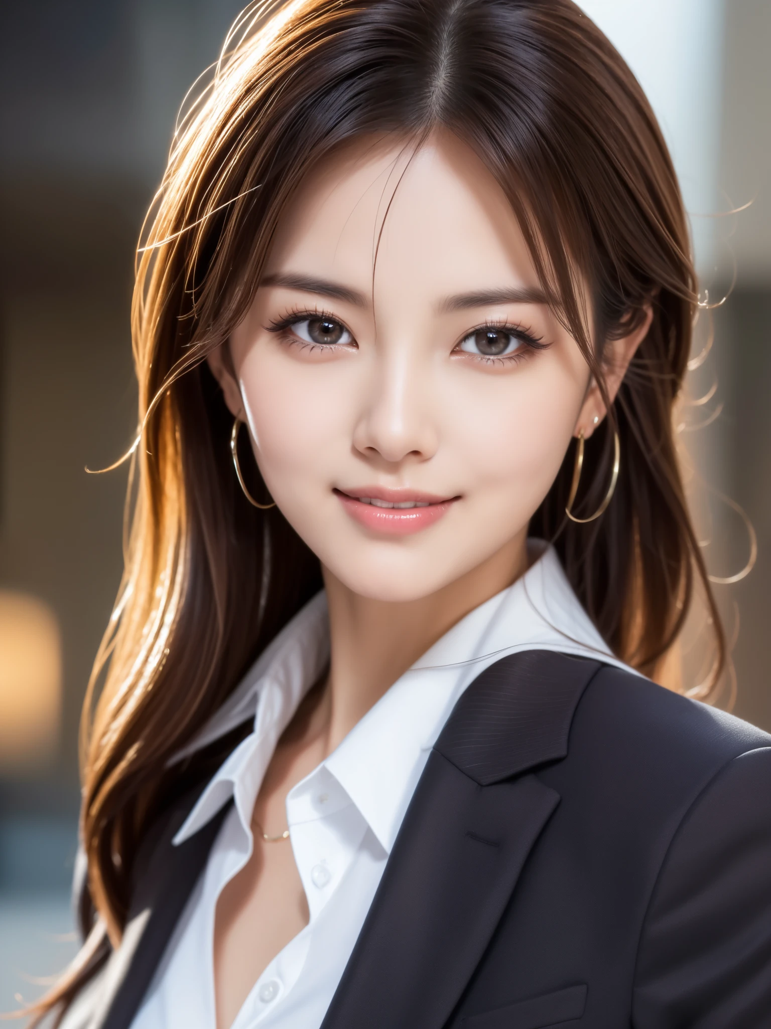 highest quality、genuine、Super detailed、finely、High resolution、8k wallpaper、one beautiful woman、、、light brown disheveled hair、wearing a business suit、sharp focus、perfect dynamic composition、beautiful and detailed eyes、thin hair、detailed genuine skin texture、smile、close-up portrait、model body shape