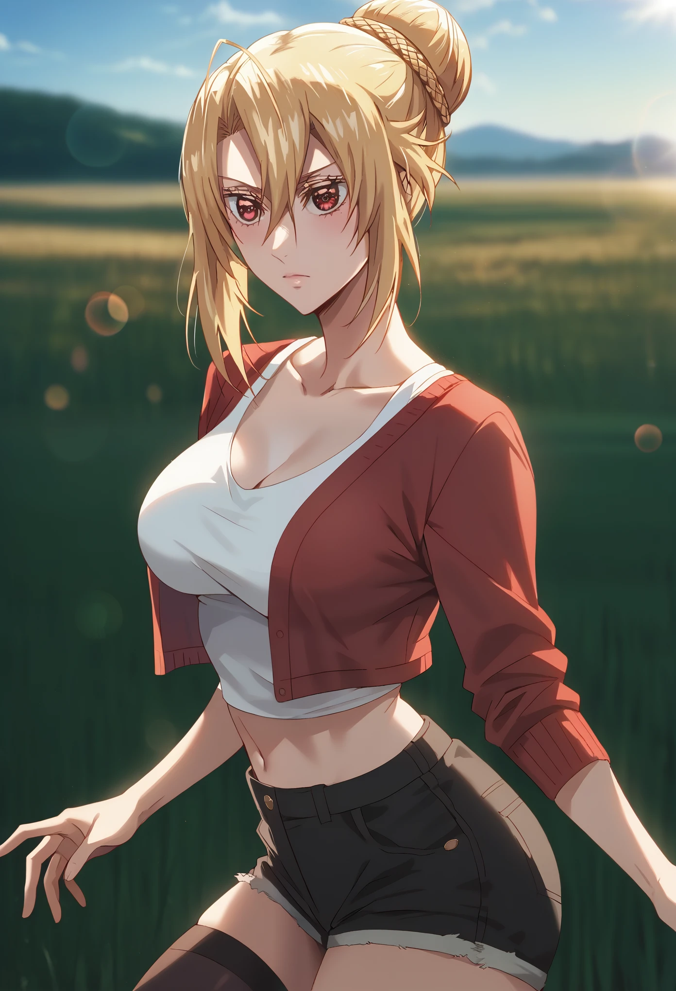 score_9, score_8_up, score_7_up, score_6_up, uncensored, angelica, blonde hair, braid, hair bun, red eyes, BREAK (masterpiece:1.2), best quality, high resolution, (beautiful detailed eyes:1.3), perfect lighting, (perfect hands, perfect anatomy), large breasts, casual, white tanktop, crop top, hotpants, red cardigan, black legwear, dynamic pose, cowboy shot, field, anime coloring, vivid colors, horizon, lens flare,
