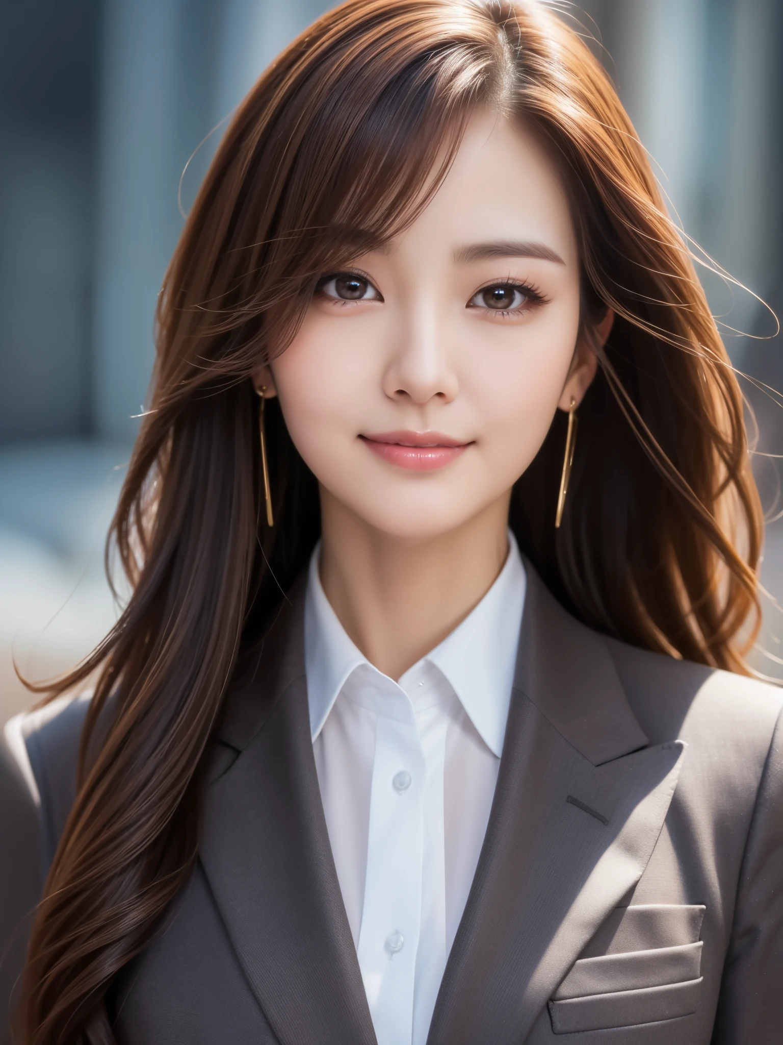 highest quality、genuine、Super detailed、finely、High resolution、8k wallpaper、one beautiful woman、、、light brown disheveled hair、wearing a business suit、sharp focus、perfect dynamic composition、beautiful and detailed eyes、thin hair、detailed genuine skin texture、smile、close-up portrait、model body shape