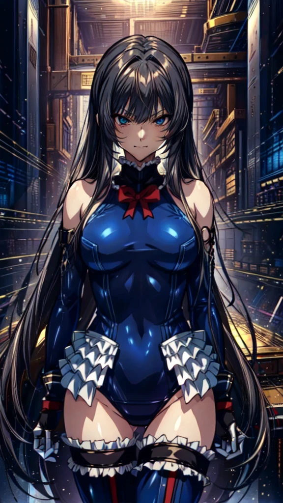 1 girl, ( (Digital) (8k ), medium breasts, (frilled swimsuit, thighhighs, detached sleeves)) , highest quality, marierose,1 girl,,,(Inside a futuristic research facility)