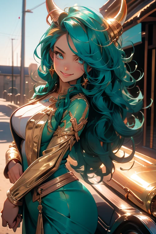 Perfect face. Perfect hands. A teal haired woman with golden eyes and an hourglass figure with golden horns in a golden gown is smiling in a landscape of brimstone