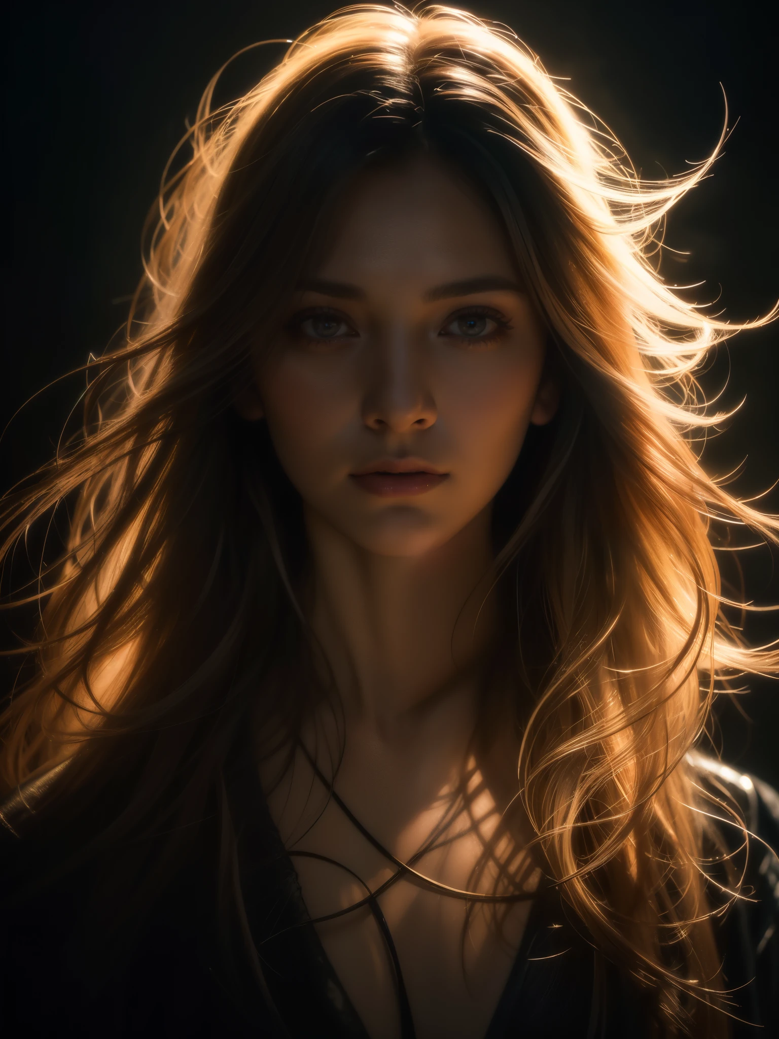 (front focus), (in the dark:1.6), Hyperrealist portrait of female by david hockney and alphonse mucha, fantasy art, photo realistic, dynamic lighting, artstation, poster, volumetric lighting, very detailed faces, 4 k, award winning, 1girl, in the dark, deep shadow, low key, cowboy shot, (official clothing:1.4), long hair, white hair