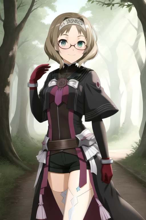 1girl, solo, glasses, green eyes, brown hair, short hair, 
BREAK thighhighs, gloves, armor, hairband,Magic Girl,
BREAK surprised,
BREAK standing,
BREAK (from front, cowboy shot:1.1), forest,
BREAK (illustration:1.1),
BREAK (masterpiece, best quality, ultra detailed, professional quality:1.2), (high resolution, textile shading:1.3), (caustics, ambient light, sunlight, hard shadows), (HD), rich contrast,