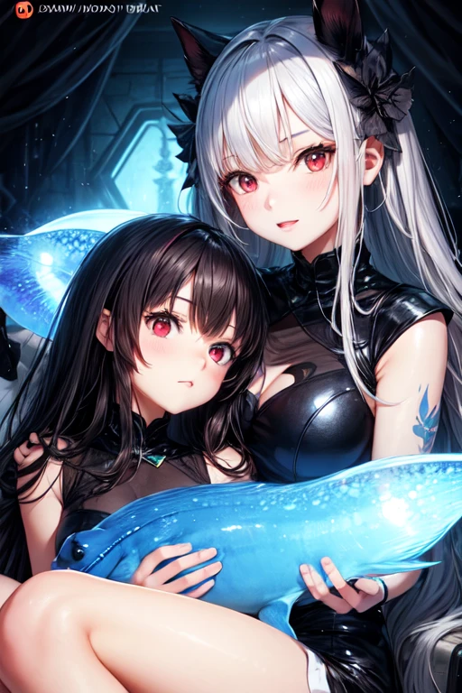 A silver-haired little loli about five years old holds a five-year-old black-haired loli,The two loli hugged each other,None of them wore shoes。The silver-haired loli arm transforms into a venom parasitic black-haired loli。The silver-haired loli wears a black latex suit made of venom,Brunette loli wearing Lolita。A silver-haired loli who transforms into Venom。The black-haired loli showed a terrified expression,The body is crawled with black latex。The silver-haired loli showed a happy expression。