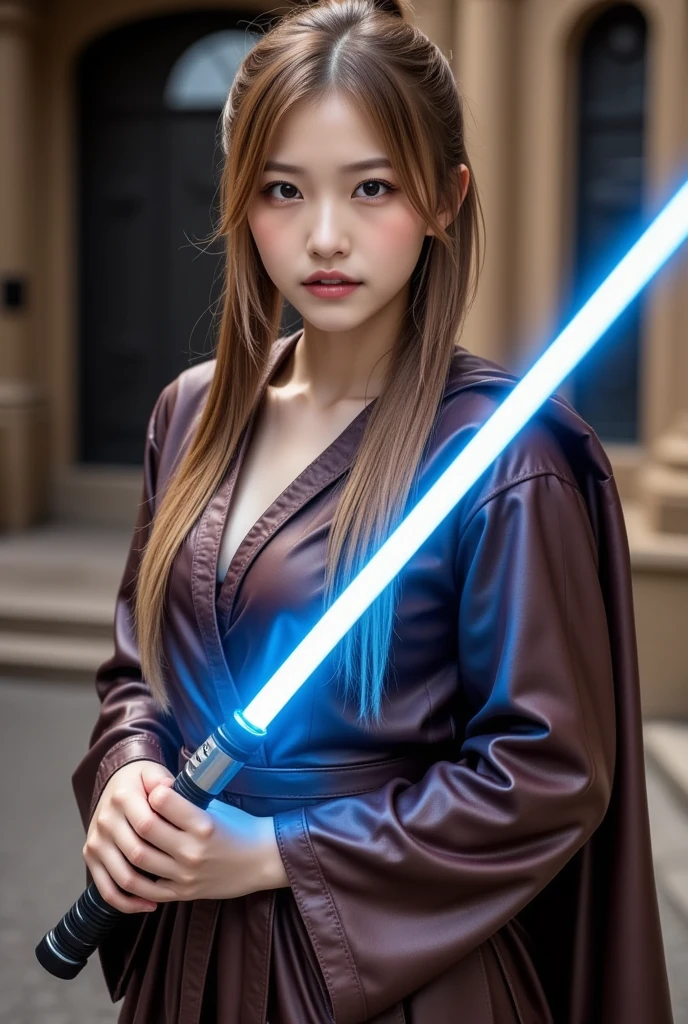 One girl, gal,cowboy shot、very long hair、golden hair、ponytail、heavy makeup、angry
、Beautiful woman dressed as a Jedi knight., stylish, hold the blue lightsaber,Best Quality、 Super beautiful images、Stand between the emperor's thrones 