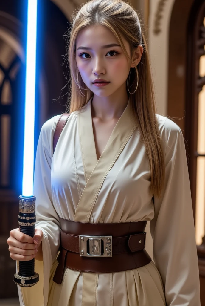 One girl, gal,cowboy shot、very long hair、golden hair、ponytail、heavy makeup、angry
、Beautiful woman dressed as a Jedi knight., stylish, hold the blue lightsaber,Best Quality、 Super beautiful images、Stand between the emperor's thrones 