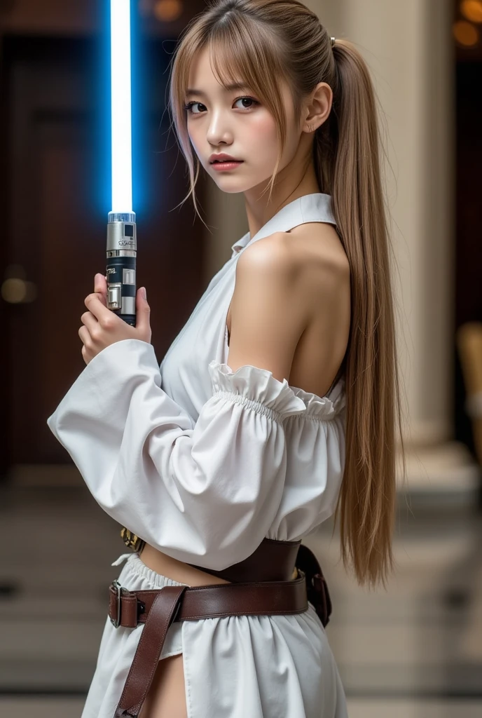 One girl, gal,cowboy shot、very long hair、golden hair、ponytail、heavy makeup、angry
、Beautiful woman dressed as a Jedi knight., stylish, hold the blue lightsaber,Best Quality、 Super beautiful images、Stand between the emperor's thrones 