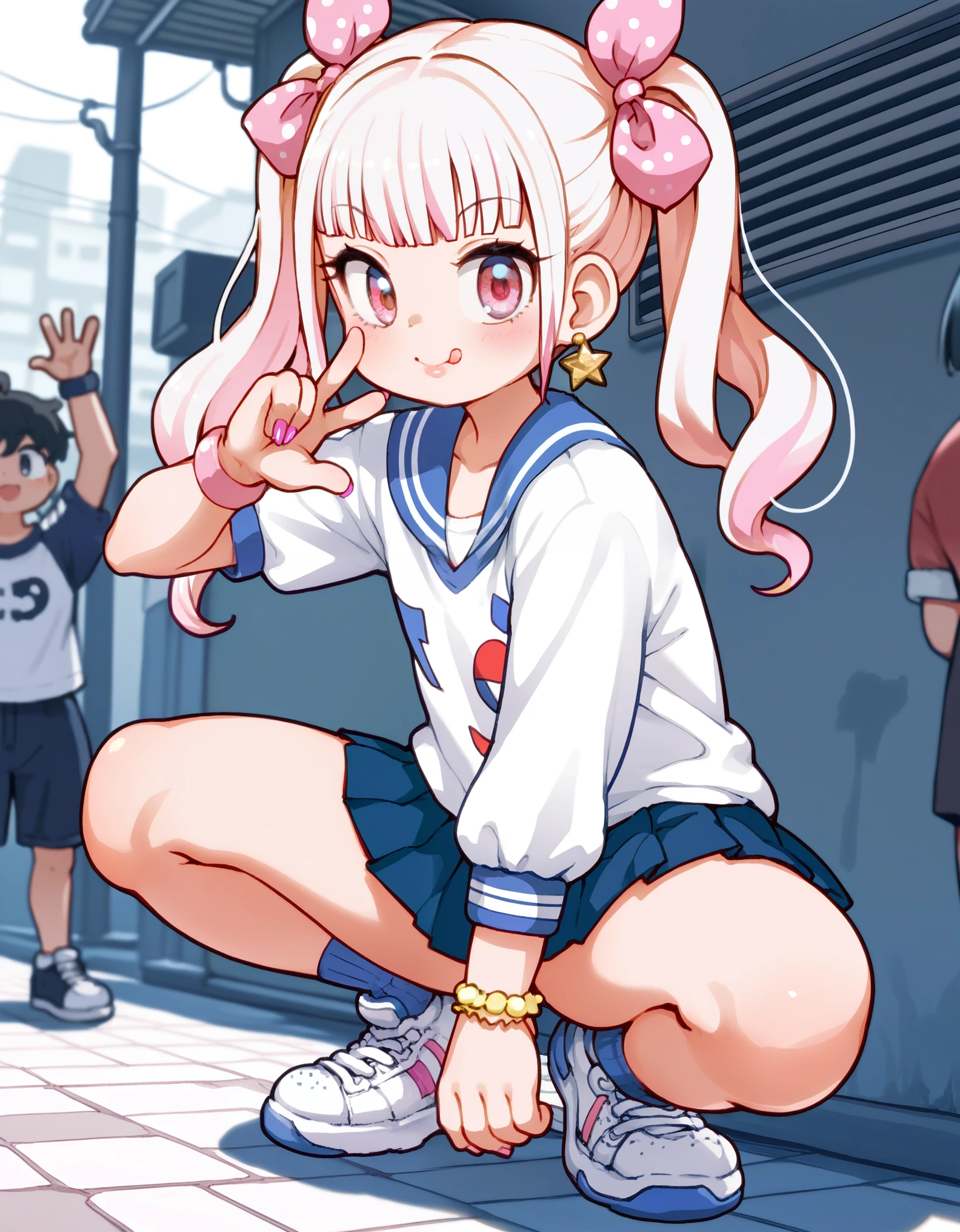 1girl, Anime Girls, (((gyaru))), bimbo, back alley, stylish pose, ceiling, from side, squatting, sneakers focus,
asanagi style, mesugaki, pale skin, gyaru clothes, white shirt, street style, pleated skirt, sneakers, single V,
twin tails, white Hair, Hair ribbon, bimbo, ((dim body)), flat_chest, 
looking at viewer, lewd, cute, big eyes, ero, ecchi,
Score_9,Score_8,score_7_up,source_anime, rating_questionable, 
