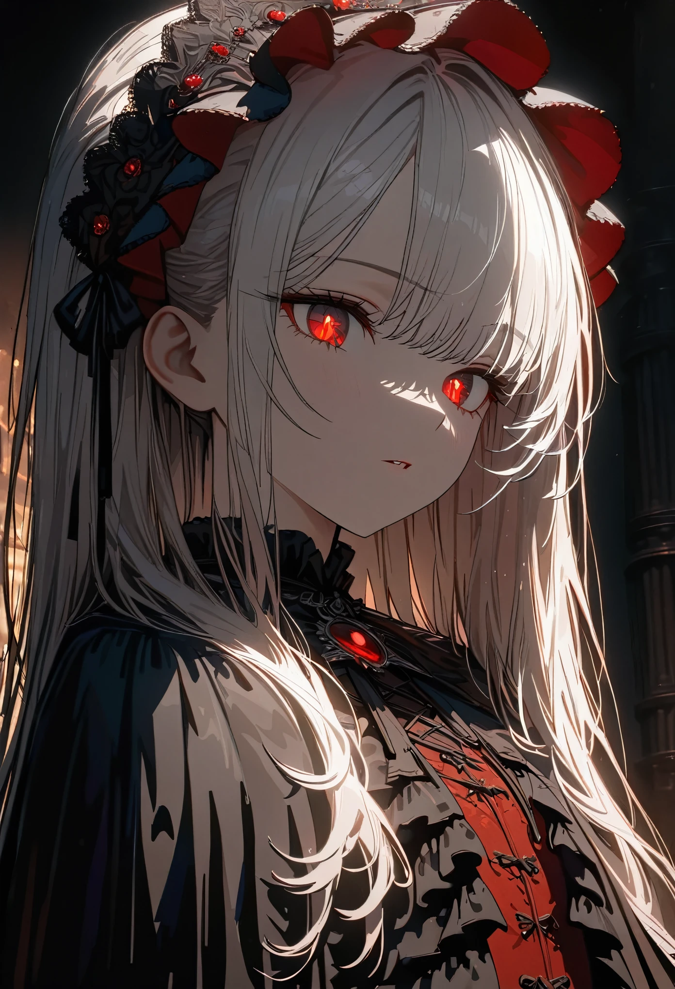 A beautiful detailed and intricate portrait of a young female vampire with striking white hair and vivid red eyes, dressed in a gothic ta style, (best quality, 8k, masterpiece:1.2), extremely detailed eyes, extremely detailed facial features, (extremely detailed clothing:1.1), (1 girl:1.3), dark and moody gothic atmosphere, dramatic lighting, cinematic composition