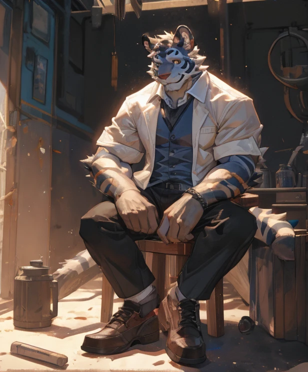 {{bara extremely handsome white tiger student,}} {{white fur,}} white, wearing blazer, trousers, white dress shirt and necktie, white fluffy furry body and limbs, loafers, very tall, very broad shoulders, narrow waist, muscular arms, massive pecs, purple eyes, very long legs, massive bulge, sophisticated hot look, 3/4 view, best quality, leaning on wall, high detail, CG image, character splash art, silver earring on left ear, sultry smirk