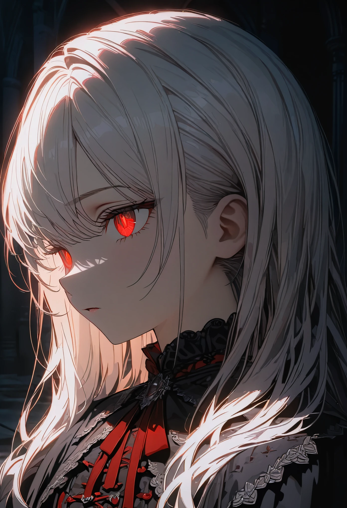 A beautiful detailed and intricate portrait of a young female vampire with striking white hair and vivid red eyes, dressed in a gothic lolita style, (best quality, 8k, masterpiece:1.2), extremely detailed eyes, extremely detailed facial features, (extremely detailed clothing:1.1), (1 girl:1.3), dark and moody gothic atmosphere, dramatic lighting, cinematic composition