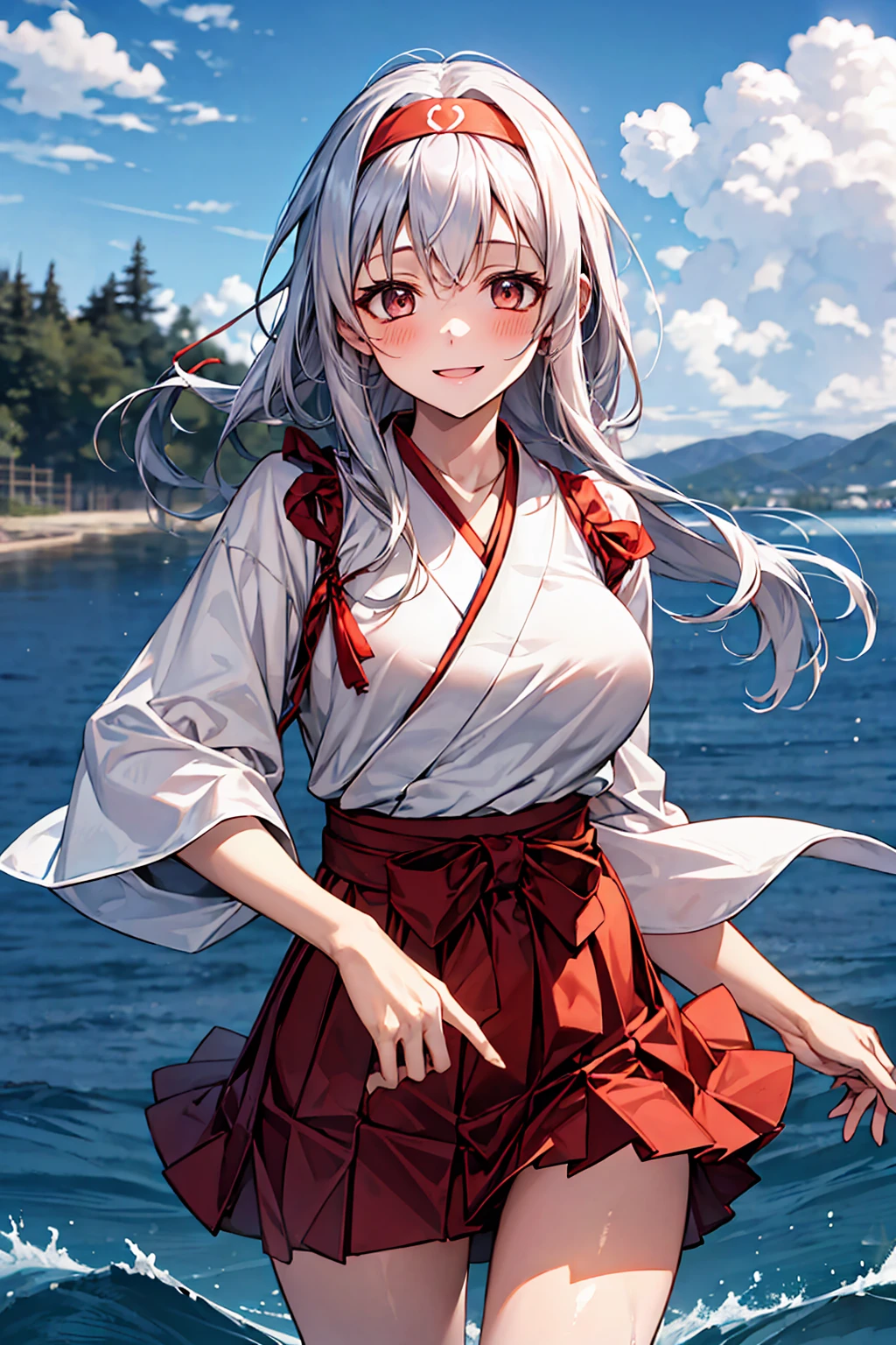 best quality, masterpiece, highres, solo, {shoukaku_kantaicollection:1.15}, long_hair, hairband, white_hair, brown_eyes, smile, headband, blush, muneate, 1girl, japanese_clothes, looking_at_viewer,White hakama, hakama_skirt, red_hakama, red_headband, skirt, upper_body, hakama_short_skirt, tasuki big bust  、wet transparent 、)	m legs