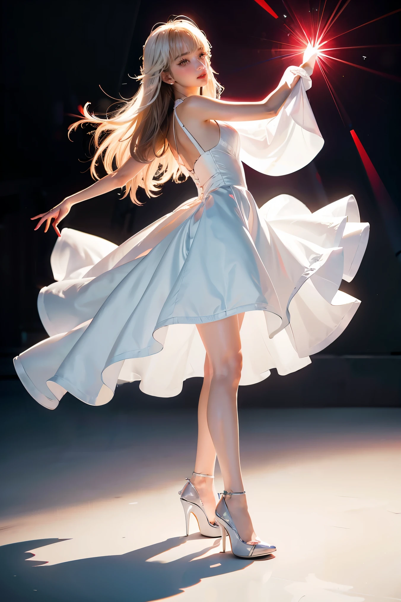 captures feeling over form,idolmaster stella stage,red high heels,concept illustration,light and shadow play,
1girl,white powder,dancing,white long hair,fine art long dress,white pantyhose,POUT,floating,white background,
