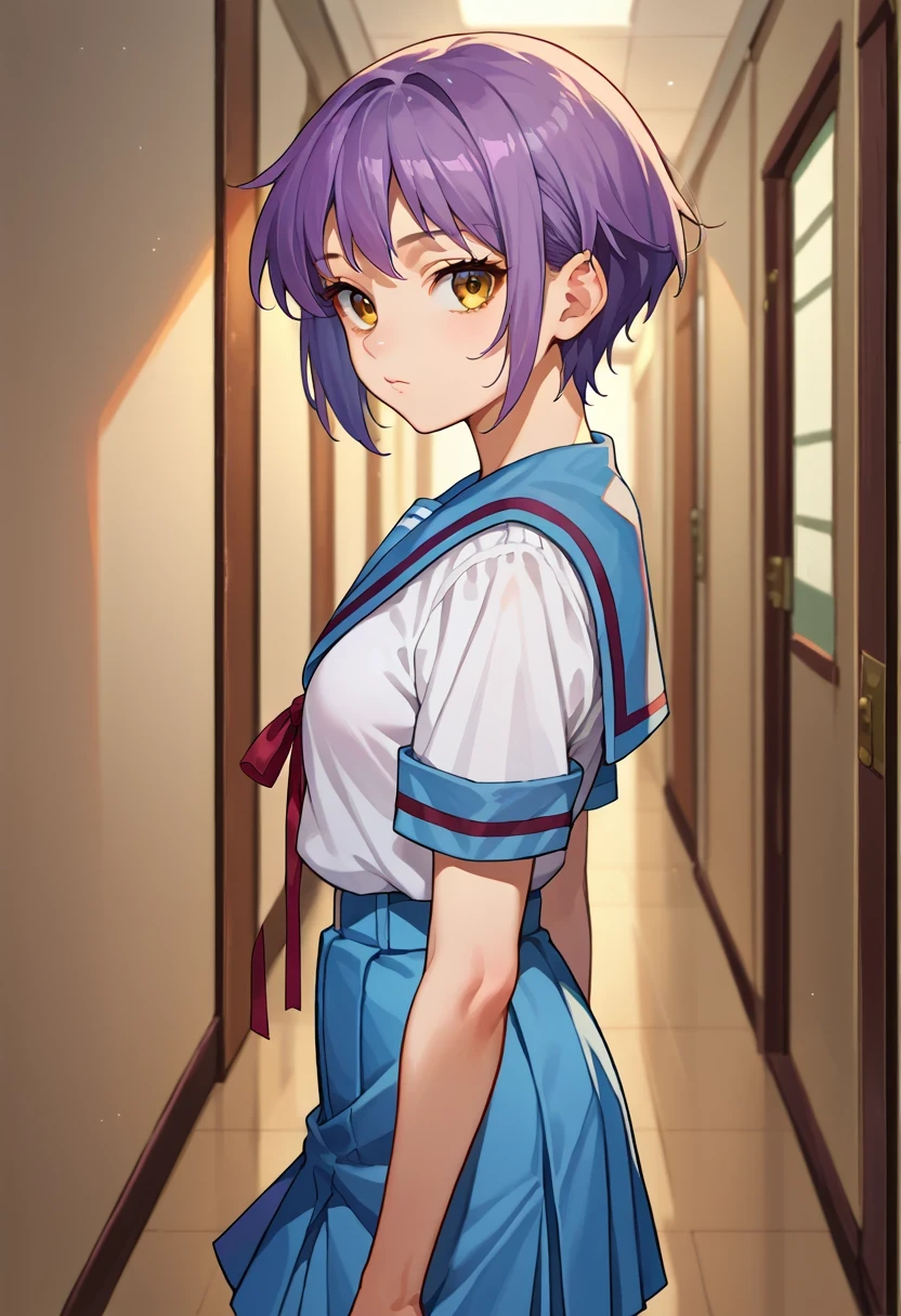 score_9, score_8_up, score_7_up, score_6_up, source_anime, 1girl, solo,  yukinagato, purple hair, short hair, amber eyes, short sleeves, blue sailor collar, white shirt, neck ribbon, pleated skirt, blue skirt, from side, looking at you, hallway