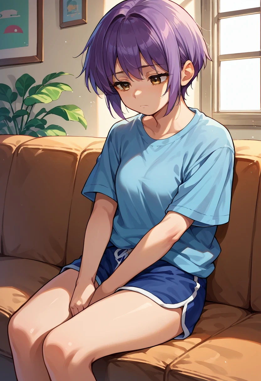 score_9, score_8_up, score_7_up, score_6_up, source_anime, 1girl, solo, yukinagato, purple hair, short hair, brown eyes, blue t-shirt, dolphin shorts, sitting, couch, indoors, tired