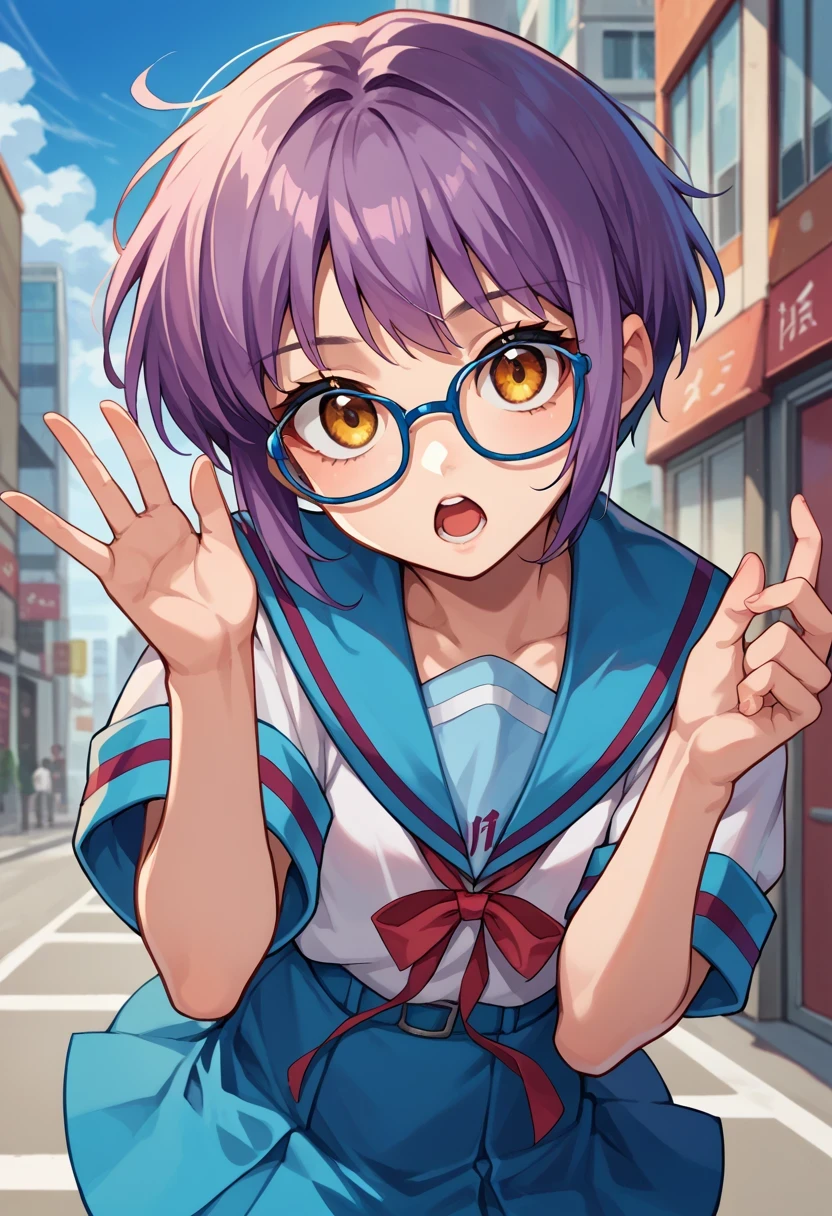 score_9, score_8_up, score_7_up, score_6_up, source_anime, 1girl, solo,  yukinagato, purple hair, short hair, amber eyes, short sleeves, blue sailor collar, white shirt, neck ribbon, pleated skirt, blue skirt, looking at you, open mouth, glasses, hands up, blue sky, city