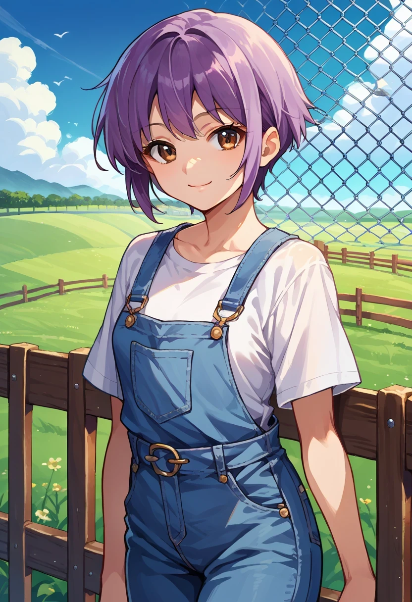 score_9, score_8_up, score_7_up, score_6_up, source_anime, 1girl, solo, yukinagato, purple hair, short hair, brown eyes, white shirt, blue overalls, denim, looking at you, smile, fence, blue sky, field