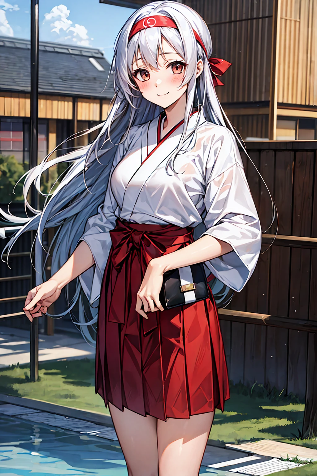 best quality, masterpiece, highres, solo, {shoukaku_kantaicollection:1.15}, long_hair, hairband, white_hair, brown_eyes, smile, headband, blush, muneate, 1girl, japanese_clothes, looking_at_viewer,White hakama, hakama_skirt, red_hakama, red_headband, skirt, upper_body, hakama_short_skirt, tasuki big bust  、wet transparent 、)	((m legs))(hospital bed)(touch pussy)