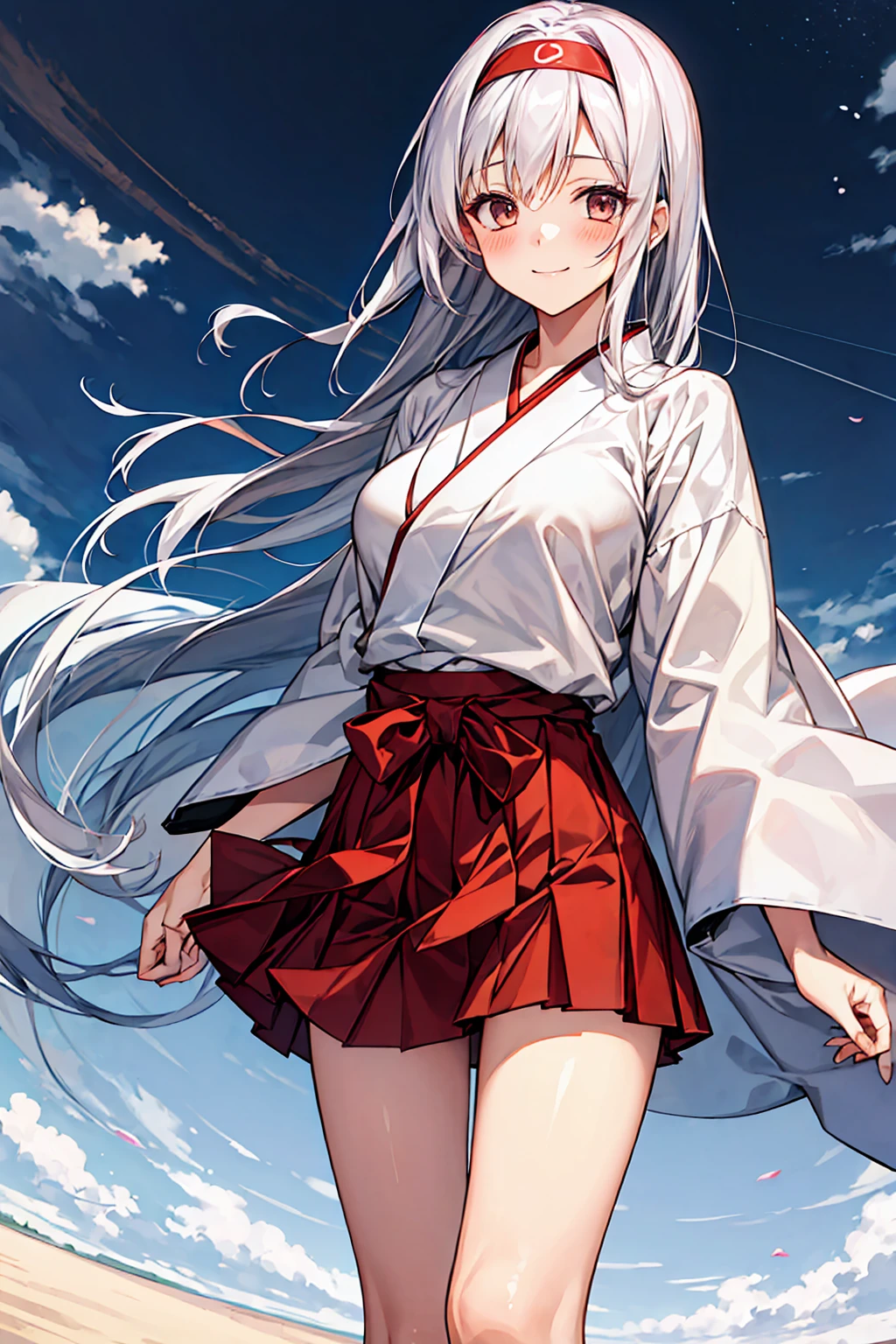 best quality, masterpiece, highres, solo, {shoukaku_kantaicollection:1.15}, long_hair, hairband, white_hair, brown_eyes, smile, headband, blush, muneate, 1girl, japanese_clothes, looking_at_viewer,White hakama, hakama_skirt, red_hakama, red_headband, skirt, upper_body, hakama_short_skirt, tasuki big bust  、wet transparent 、)	((m legs))(hospital bed)(touch pussy)