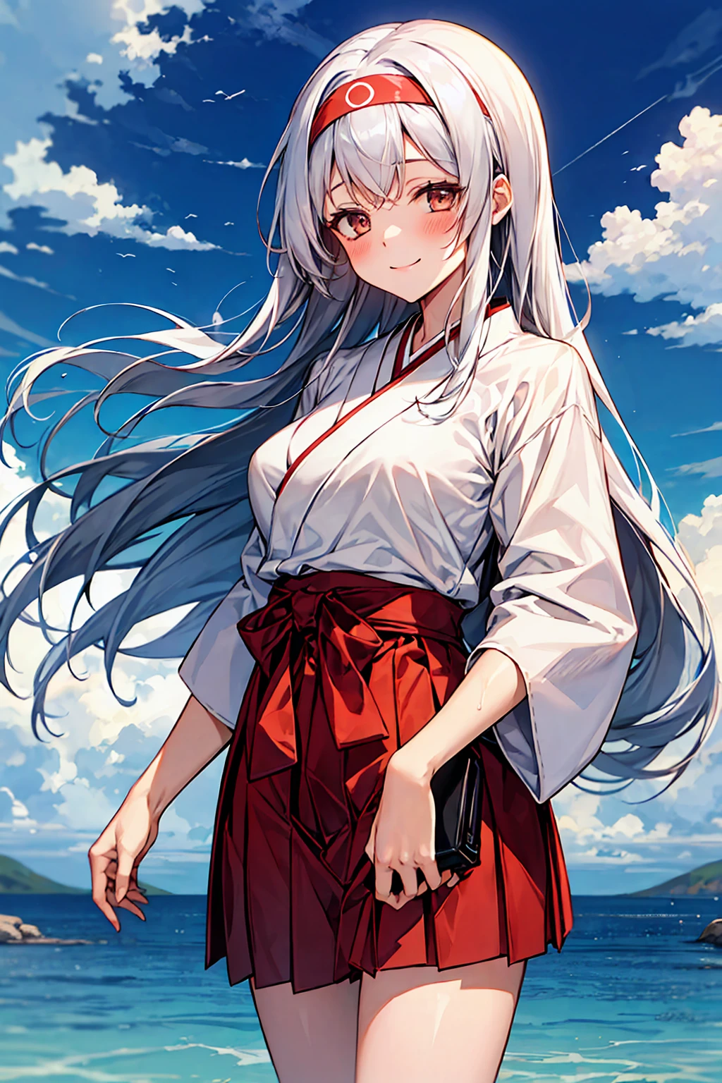 best quality, masterpiece, highres, solo, {shoukaku_kantaicollection:1.15}, long_hair, hairband, white_hair, brown_eyes, smile, headband, blush, muneate, 1girl, japanese_clothes, looking_at_viewer,White hakama, hakama_skirt, red_hakama, red_headband, skirt, upper_body, hakama_short_skirt, tasuki big bust  、wet transparent 、)	((m legs))(hospital bed)(touch pussy)