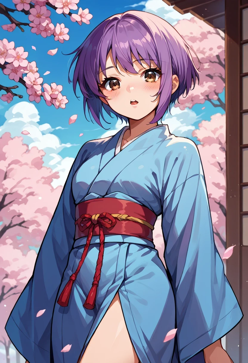 score_9, score_8_up, score_7_up, score_6_up, source_anime, 1girl, solo, yukinagato, purple hair, short hair, brown eyes, looking at you, blue kimono, sash, blue sky, cherry blossoms, blush, open mouth