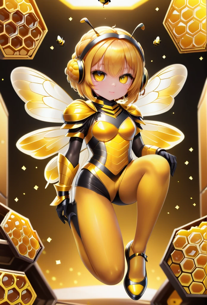 dvr-honey, beautiful beegirl wearing armored beegirl outfit, bee leotard, bee wings, tights, 
(inside giant beehive), (sparkles, sparkling clothes, sparkling eyes), sharp focus, (glossy clothing, glittering fabric), full body , full body picture 