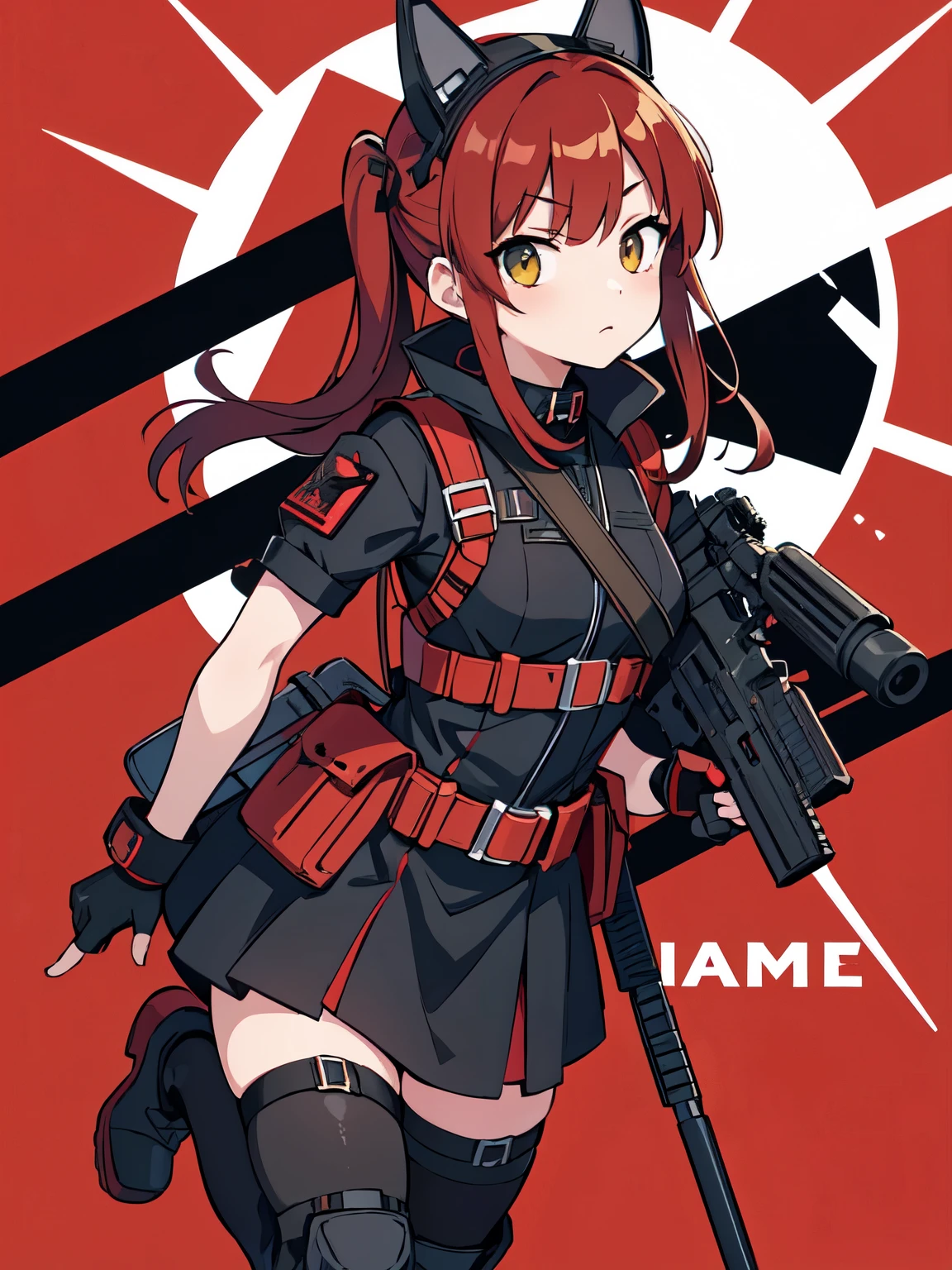 ((red camouflage)), ((1girl)), black ops, tactical maid, tactical clothes red camouflage, (tactical) black light vest, black tactical light equipment, Tactical boots, tactical straps, black tactical fingerless gloves, black tactical harness, maid battle, black tactical thigh belt, anime maid, black tactical joint protections, black Knee Pads and Elbow Pads Tactical Protection, full body, athletic body, black military straps, red camouflage uniform, red camouflage maid clothes, maid red camouflage dress, red command, black accesories, masterpiece, best quality, e-girl make up, girl full atletic body, red hair, elegant hairstyle, with red military camouflage pants, tomboy attitude, combat pose, standing pose, communications diadem, mesh flannel red military jacket shooting, military goggles over the hellmet, sophisticated attitude, girl from frontline,intintimidating, tactical straps, exposed abs, machinegun,