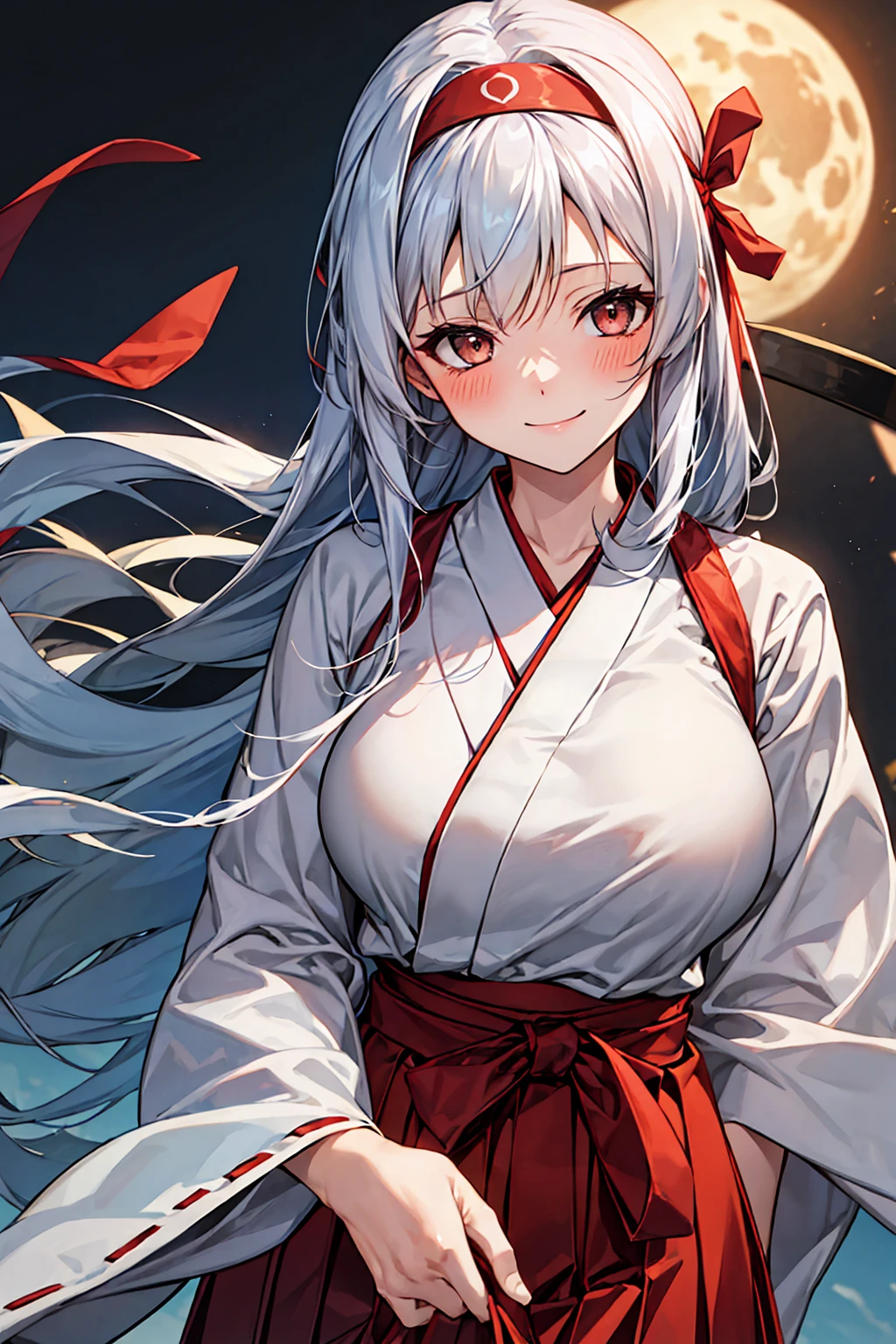 (NSFW)best quality, masterpiece, highres, solo, {shoukaku_kantaicollection:1.15}, long_hair, hairband, white_hair, brown_eyes, smile, headband, blush, muneate, 1girl, japanese_clothes, looking_at_viewer,White hakama, hakama_skirt, red_hakama, red_headband, skirt, upper_body, hakama_short_skirt, tasuki big bust  ((cum overflow))