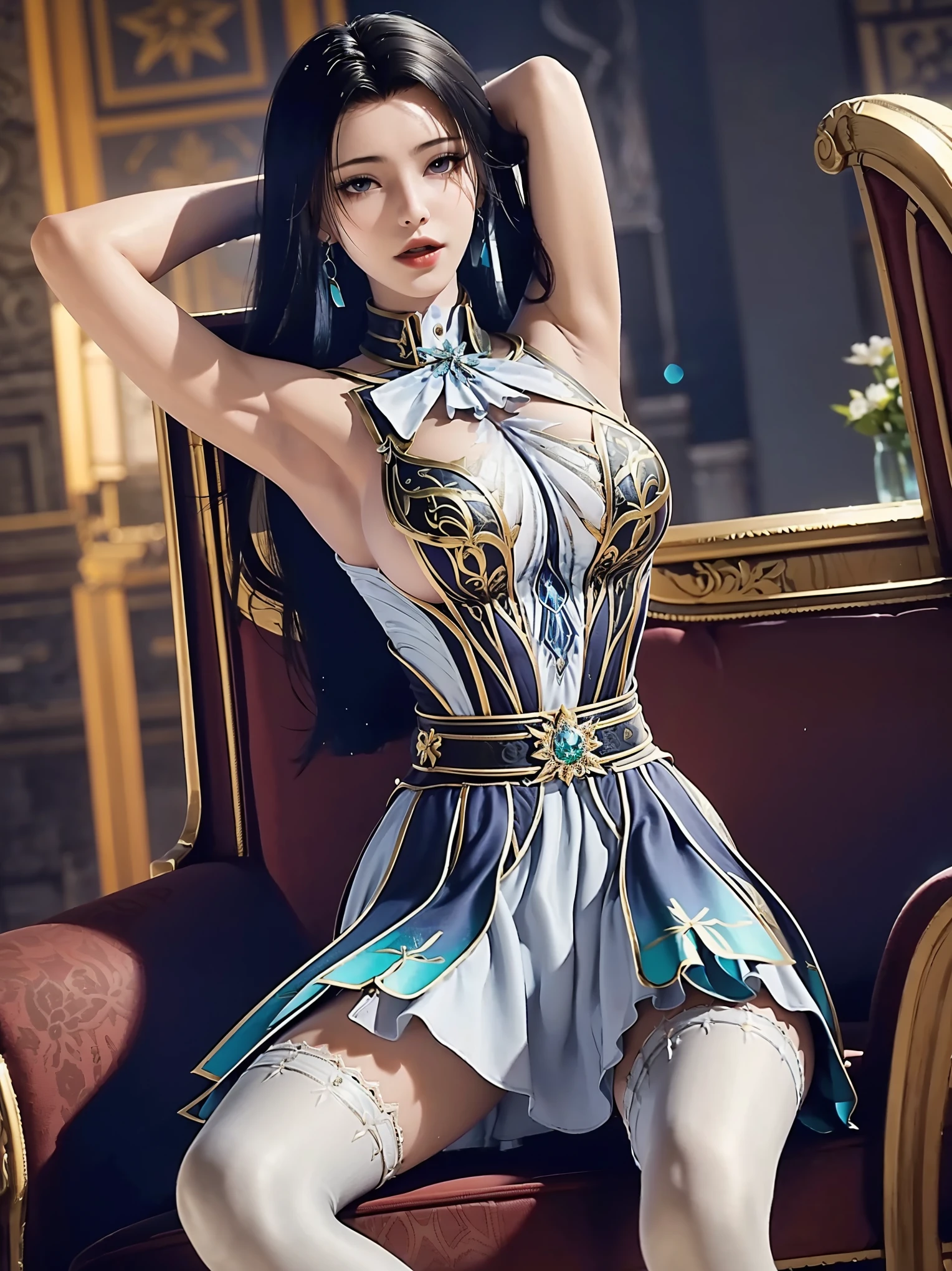 Arad woman in blue dress sitting on windowsill, cute anime waifu in a nice dress, trending on cgstation, 8K high quality detailed art, anime barbie in white stockings, highly detailed exquisite fanart, Extremely detailed Artgerm, the anime girl is crouching, flowing magical robe, beautiful and seductive anime woman, WLOP and Sakimichan
