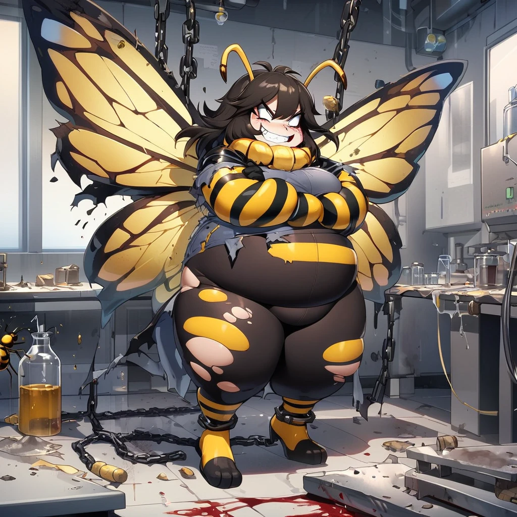 Anime, high detailed , 1 girl, chained, damage, bleeding damage, torn clothes, chained in a laboratory, wasp girl, anthro, wasp antennae, wasp wings, droopy wings, evil smile, chubby body, Full body 