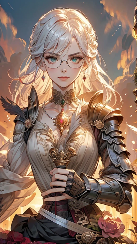 8k, masterpiece, best quality, highly detailed, 1 girl, matured woman, wrinkled, solo, pixie cut, multicolored hair, long straight hair, red highlight hair on white hair, stippled hair, white hair, wearing glasses, round glasses, glowing green eyes, earrings, red eyeshadow, long eyelashes, blushed cheek, red lips, pearl necklace, rings, mole on face, heavy armor, violet and black theme clothes, roses,menacing smirk, close up view, rings, looking at viewer, standing, shield, holding rapier in front, blade between face.