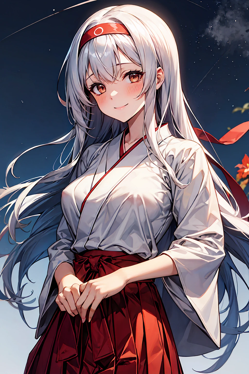 (NSFW)best quality, masterpiece, highres, solo, {shoukaku_kantaicollection:1.15}, long_hair, hairband, white_hair, brown_eyes, smile, headband, blush, muneate, 1girl, japanese_clothes, looking_at_viewer,White hakama, hakama_skirt, red_hakama, red_headband, skirt, upper_body, hakama_short_skirt, tasuki big bust  ((cum overflow))(missionary)