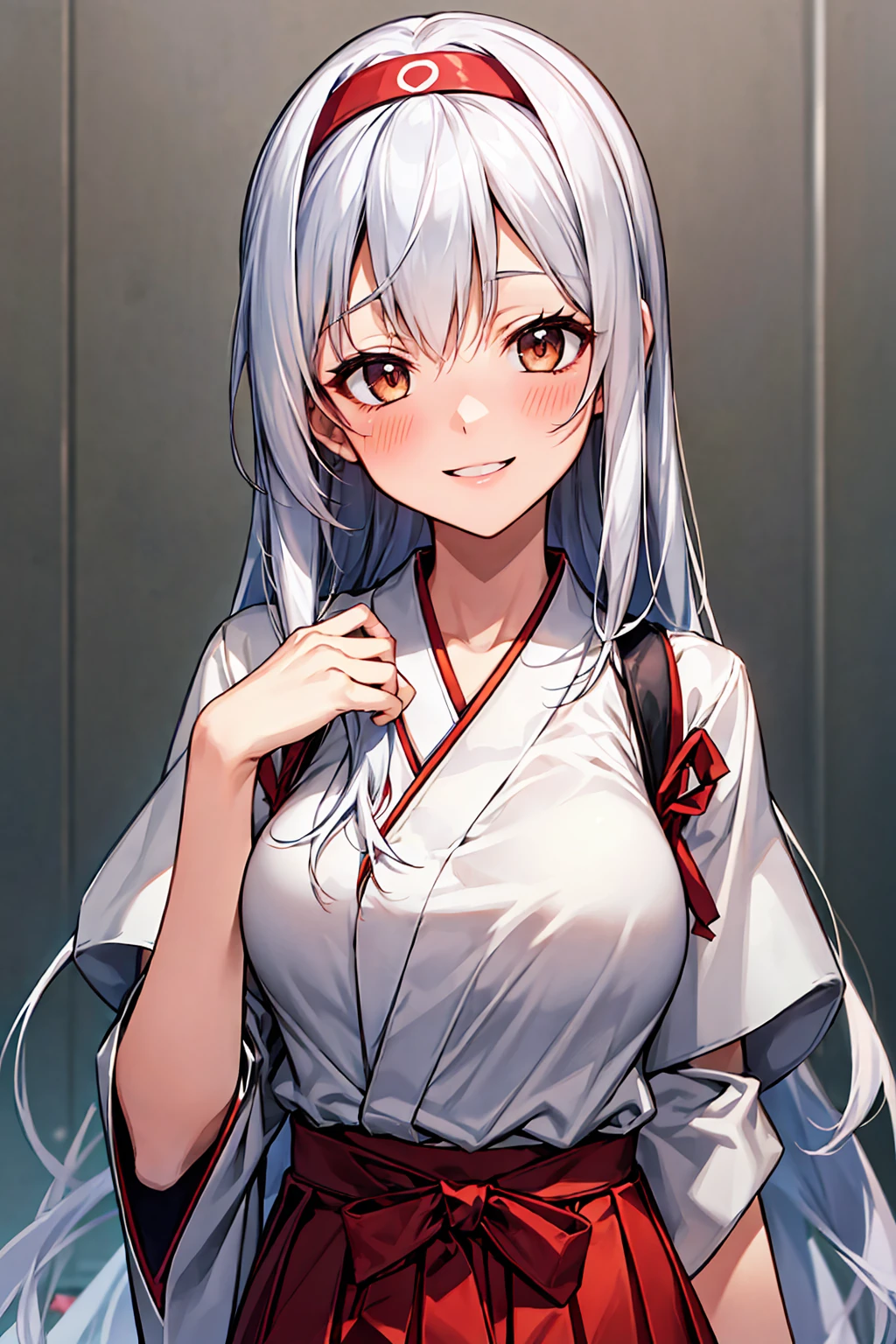 (NSFW)best quality, masterpiece, highres, solo, {shoukaku_kantaicollection:1.15}, long_hair, hairband, white_hair, brown_eyes, smile, headband, blush, muneate, 1girl, japanese_clothes, looking_at_viewer,White hakama, hakama_skirt, red_hakama, red_headband, skirt, upper_body, hakama_short_skirt, tasuki big bust  ((cum overflow))(missionary)