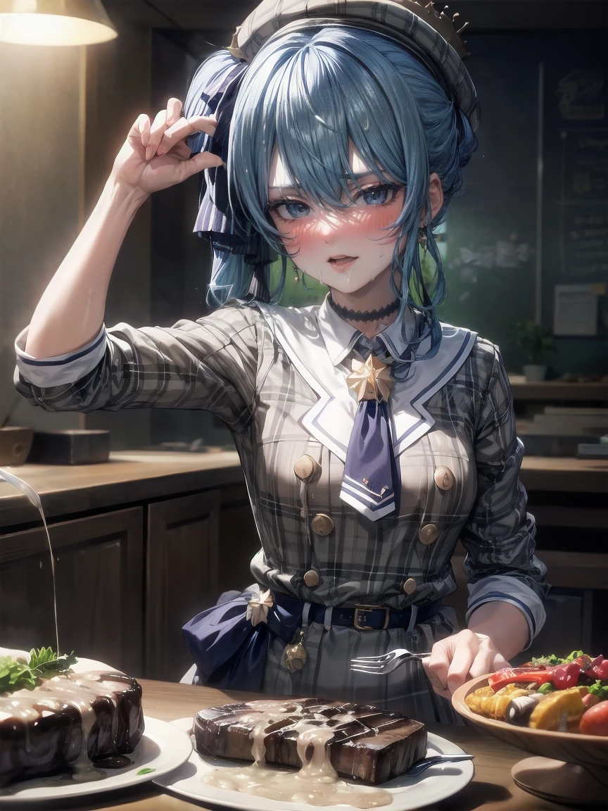 （steak on a plate） ,（cum on steak） ,（Bukkake on steak）,flat chest,8k,highest quality,masterpiece, highest quality, High resolution, side ponytail, hoshimachi suisei,flat tits,flat breasts,（flat chest）,slender , skinny , (((( holding fork with a hand)))) , put one hand on the desk,(((( cum on steak, facial)))), disgust, ((( crying ))), teardrops ,pov ,perfect finger,irritated face, heavy breathing,

