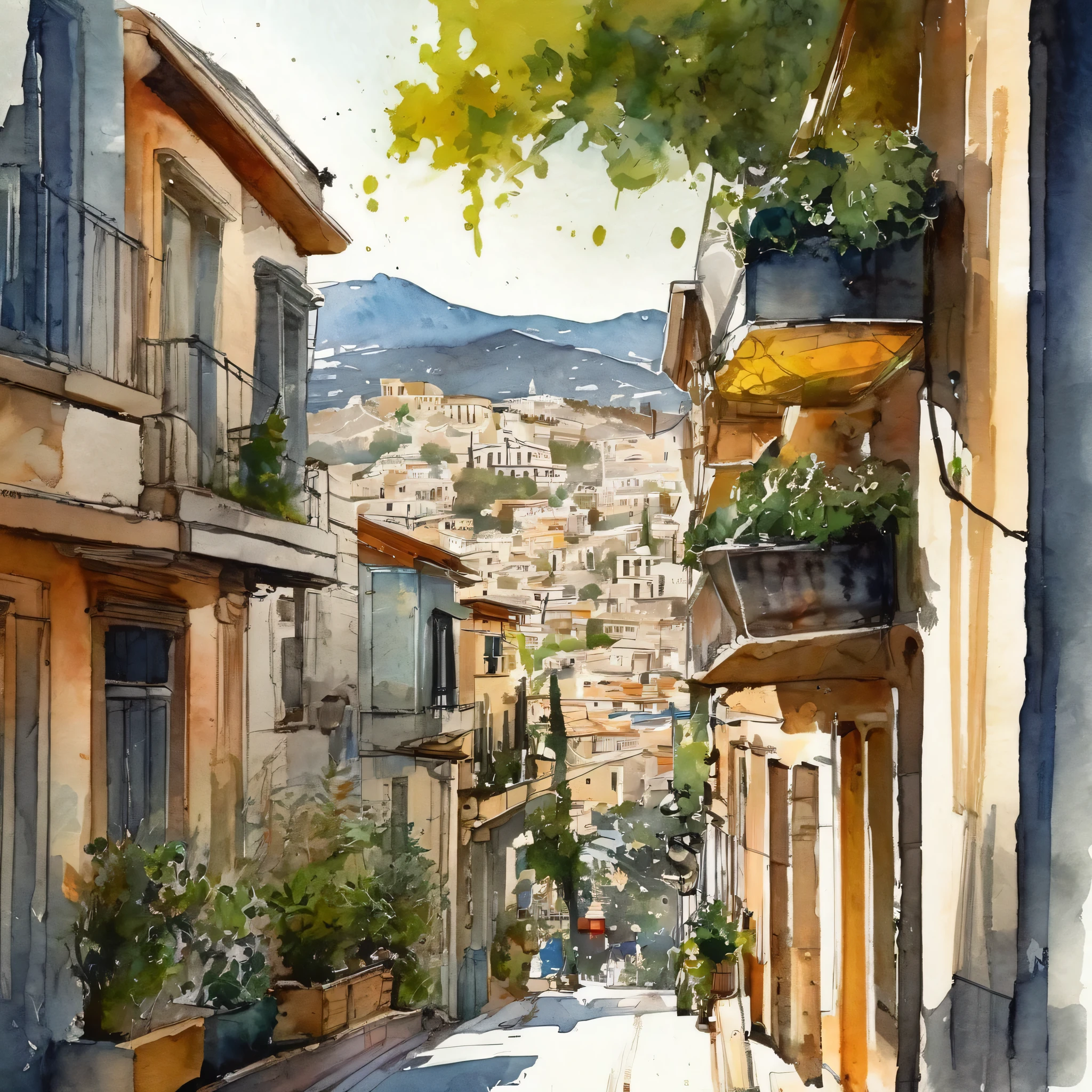 Top quality, modern Athens neighborhood, architectural, detailed, old and new buildings, quiet streets with watercolor loose ink sketches, masterpieces